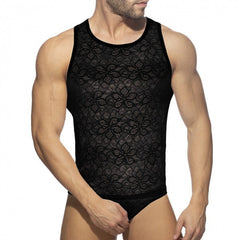 Black lace tank top with intricate floral patterns featuring delicate lace material for elegant summer wear