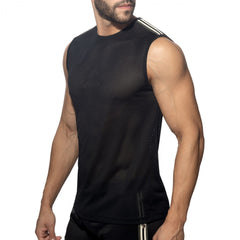Nexus mesh tank top black sleeveless athletic top with white three stripes on shoulder in breathable mesh material