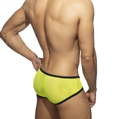 Fever mesh brief in bright neon yellow mesh with black trim highlighting breathable comfortable underwear