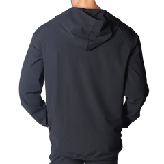 Back view of a black lightweight athletic hoodie with a smooth, matte finish and raglan sleeves.