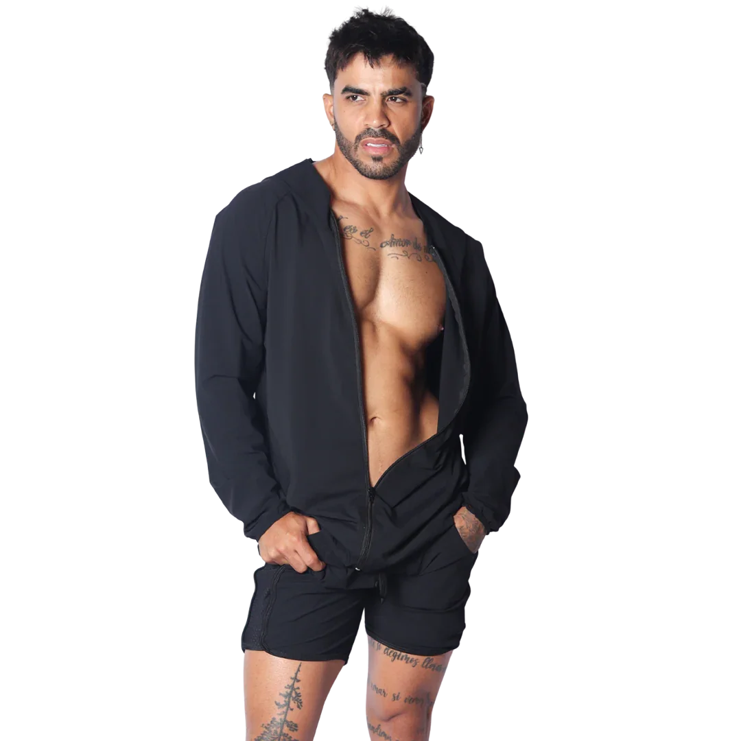 Black lightweight zip-up hooded jacket with long sleeves, worn unzipped over a bare chest.