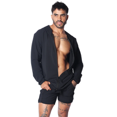 Black lightweight zip-up hooded jacket with long sleeves, worn unzipped over a bare chest.