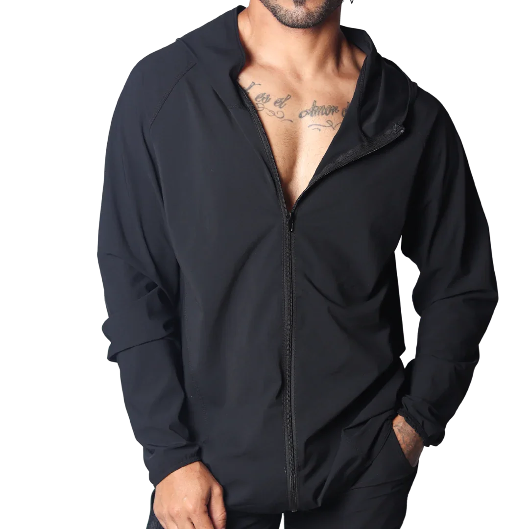 Gigo Ambitious black zip-up performance jacket with a hood, minimalist design, and lightweight technical fabric.