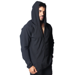 Black lightweight athletic zip-up jacket with a slim-fit design, long sleeves, and an integrated hood.
