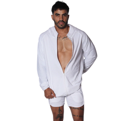 White long-sleeve hooded jacket with front zipper, made of lightweight, smooth performance material.