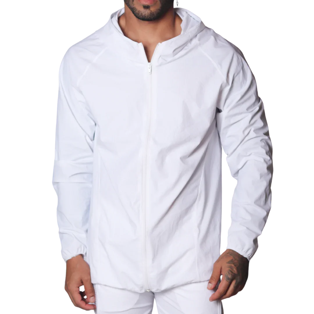 White lightweight zip-up jacket in a technical nylon fabric featuring a hood and long raglan sleeves.
