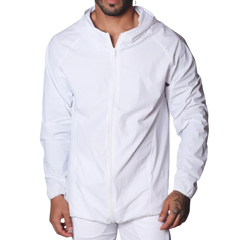 White lightweight zip-up jacket in a technical nylon fabric featuring a hood and long raglan sleeves.