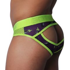 Purple aubergine-print jockstrap with neon green mesh panels, trim, and embossed branded elastic waistband.
