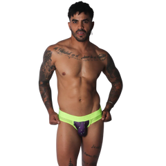 Neon yellow jockstrap with mesh sides and a dark purple, aubergine-patterned front pouch.