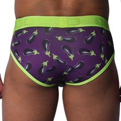 Purple briefs with an all-over eggplant print, featuring a bright lime green elastic waistband and trim.