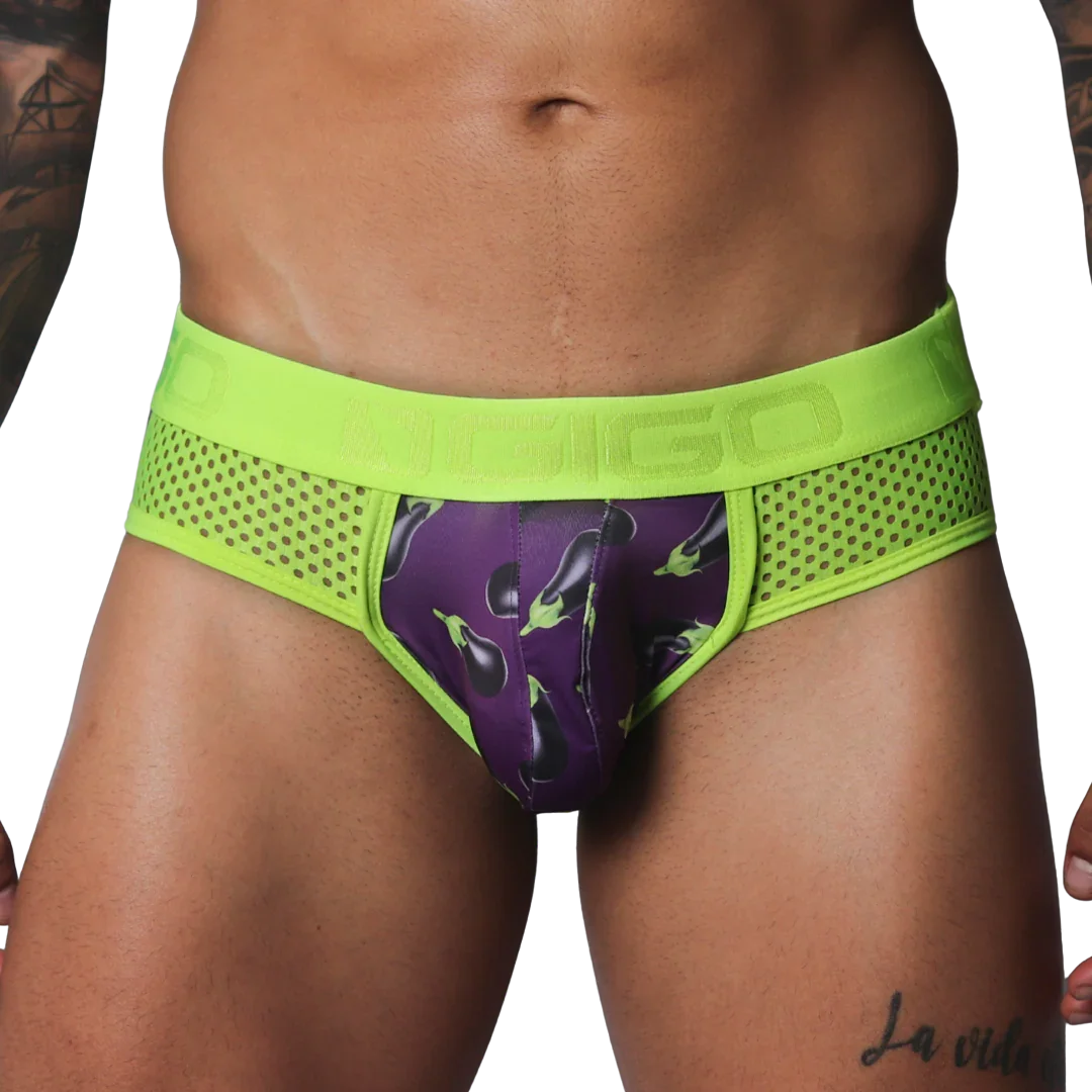 Neon green mesh briefs featuring a purple pouch with an all-over eggplant print and an embossed logo waistband.