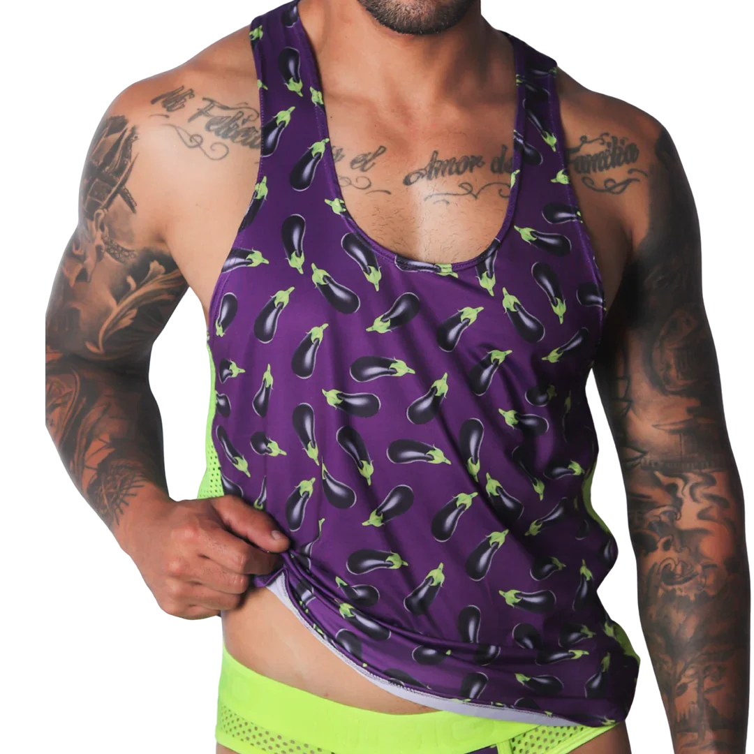 Aubergine-print purple racerback tank top with neon green mesh side panels and a scoop neckline.