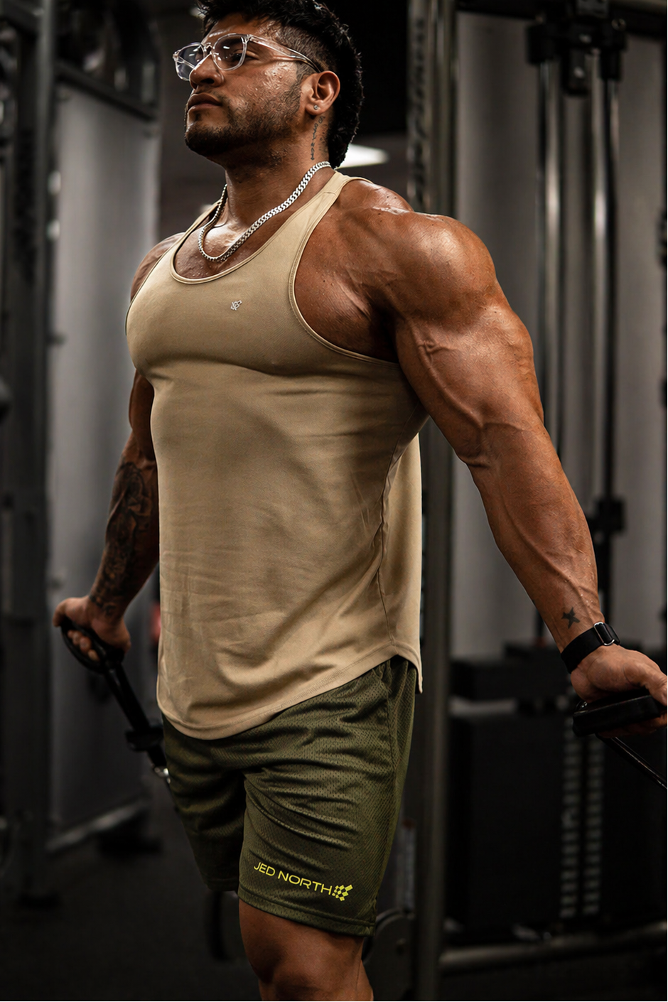 Jed North Herren Schnelltrocknendes Bodybuilding-Workout-Stringer - Khaki