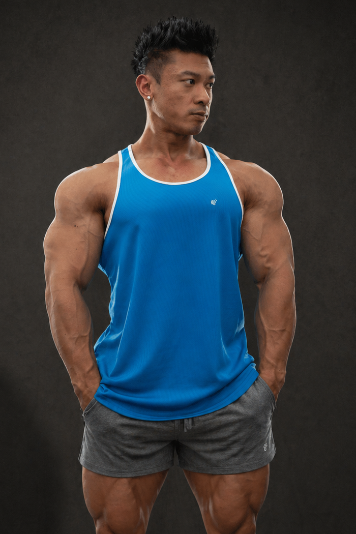 Jed North schnelltrocknendes Bodybuilding-Workout-Stringer-Shirt für Herren - Blau mit Weiß