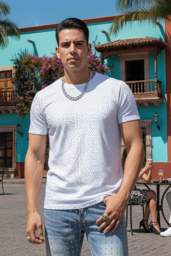 Dolorosa rhinestone t-shirt white short-sleeved with subtle dotted pattern perfect for casual wear