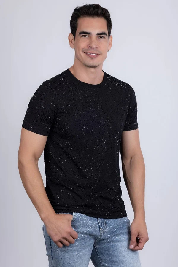 T-shirt pour homme Barabas Dolorosa à strass - Noir/Strass noirs