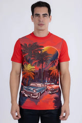 T-shirt pour homme Barabas Miami Classic Cars à strass - Rouge