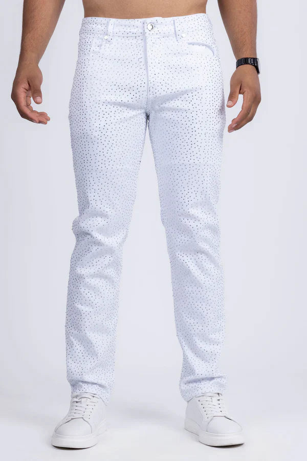 White denim dolorosa rhinestone jeans featuring a subtle perforated pattern across the fabric