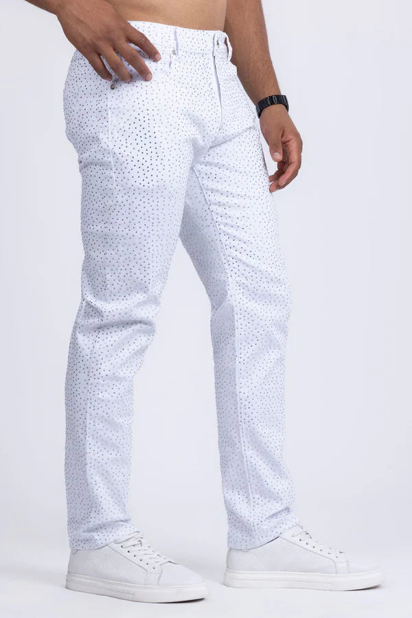 White dolorosa rhinestone jeans with subtle dotted pattern made of lightweight fabric for stylish comfort