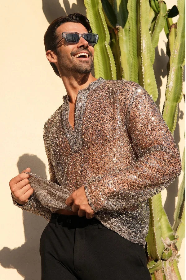 Chemise à manches longues à sequins Chella pour homme Barabas - Beige