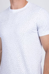 White short-sleeved dolorosa rhinestone t-shirt with subtle pattern of tiny black dots across the fabric