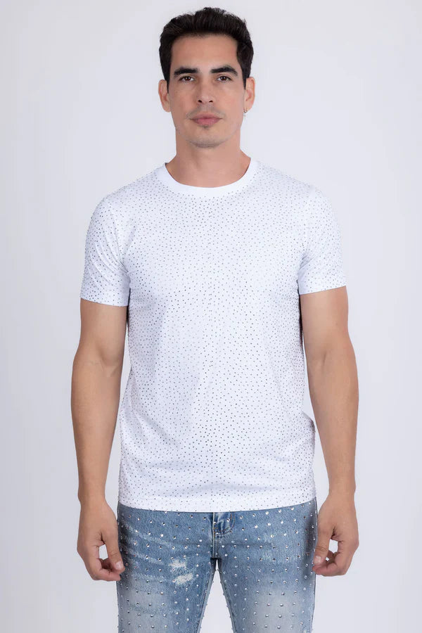 White short-sleeved dolorosa rhinestone t-shirt with a subtle dotted pattern and sparkling rhinestone details