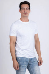 White short-sleeved dolorosa rhinestone t-shirt with a subtle dotted pattern made of soft cotton fabric