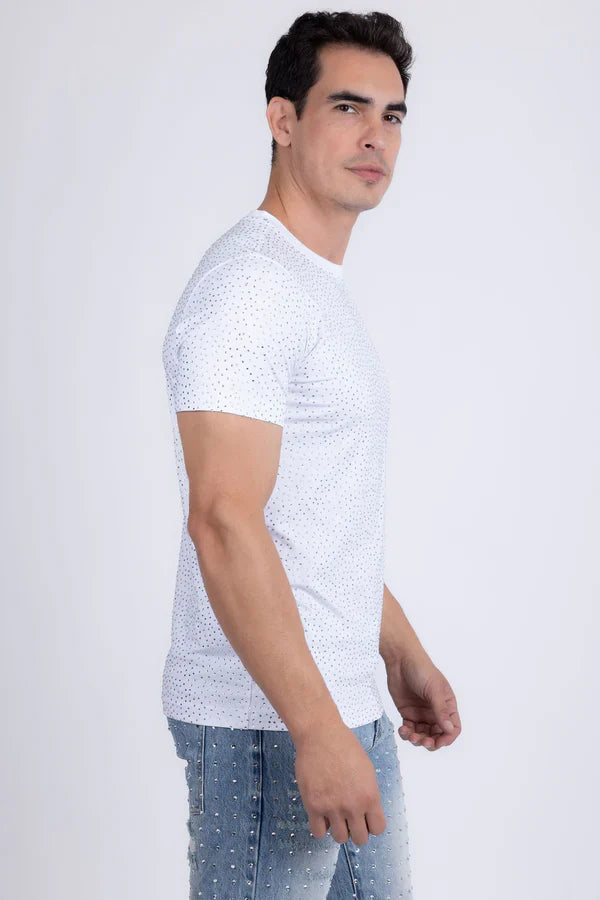 White dolorosa rhinestone t-shirt with subtle dotted pattern and short sleeves made from soft cotton material