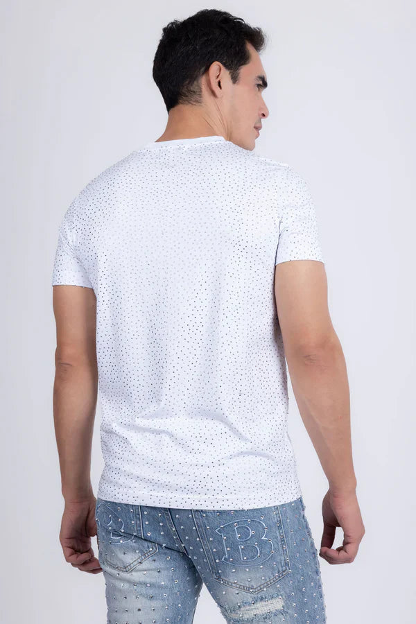 White dolorosa rhinestone t-shirt with short sleeves and a subtle dotted pattern made of soft fabric