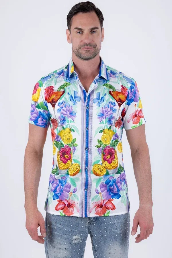 Barabas men's short-sleeve button-up shirt with colorful floral and cocktail glass print on white background