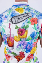 Barabas men's short-sleeve shirt with colorful floral and cocktail print rhinestone cocktail shaker and drink details on white fabric