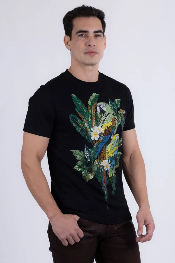 T-shirt Barabas pour homme Laurent Tropical Iguana à strass - Noir