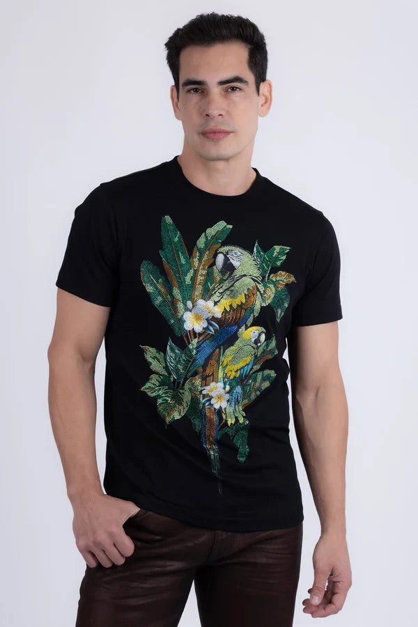 T-shirt Barabas pour homme Laurent Tropical Iguana à strass - Noir