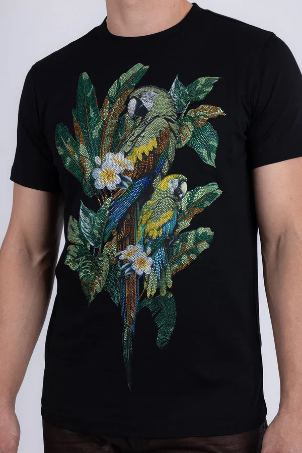 T-shirt Barabas pour homme Laurent Tropical Iguana à strass - Noir