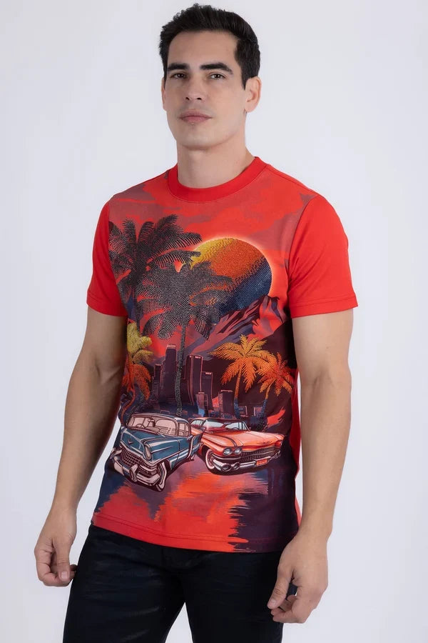 T-shirt pour homme Barabas Miami Classic Cars à strass - Rouge