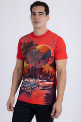 T-shirt pour homme Barabas Miami Classic Cars à strass - Rouge