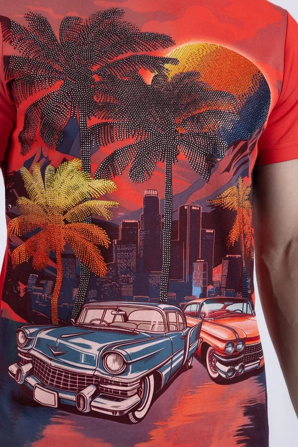 T-shirt pour homme Barabas Miami Classic Cars à strass - Rouge
