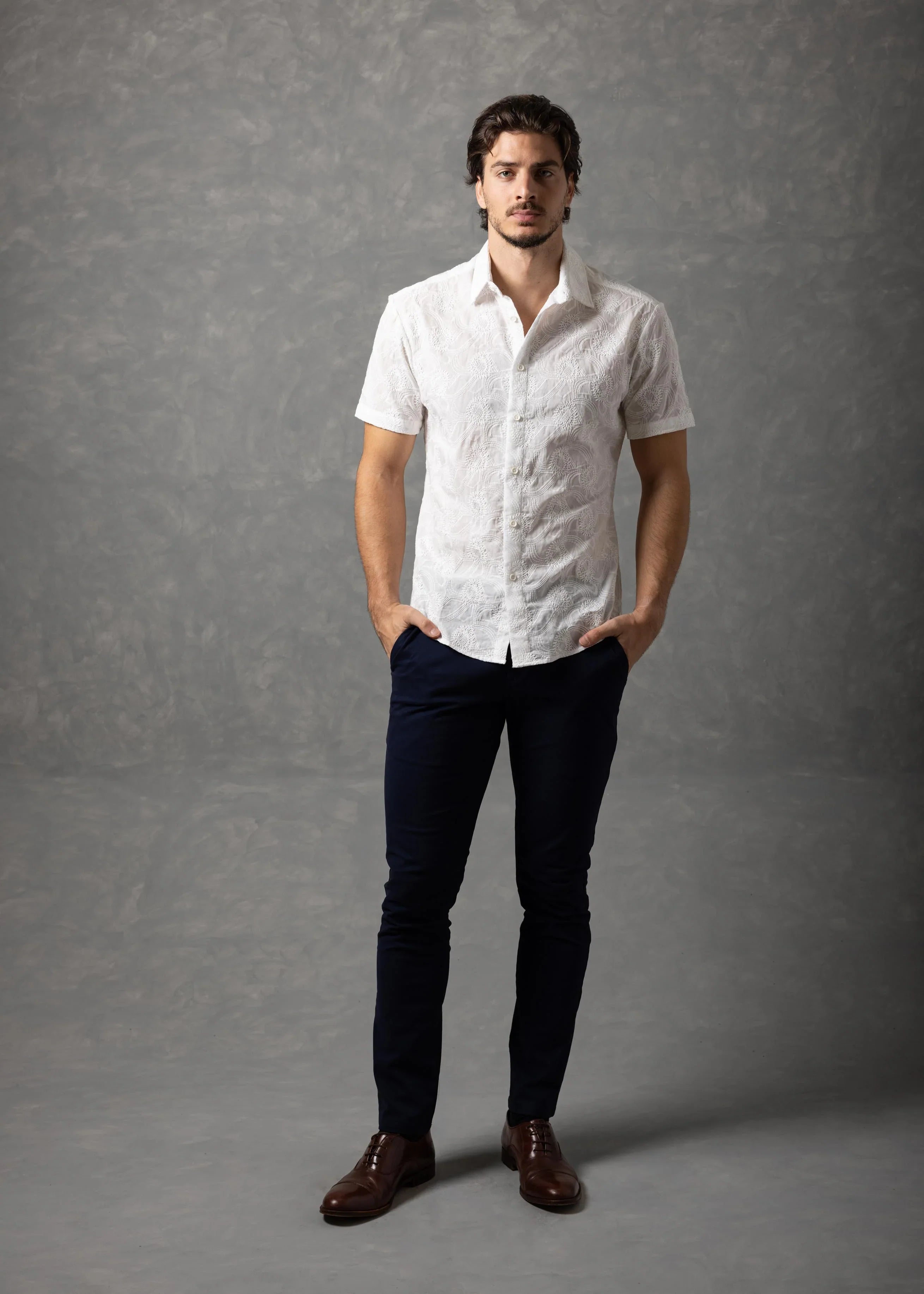Bespoke Moda Men's Embroidered Textured S/S Shirt - White