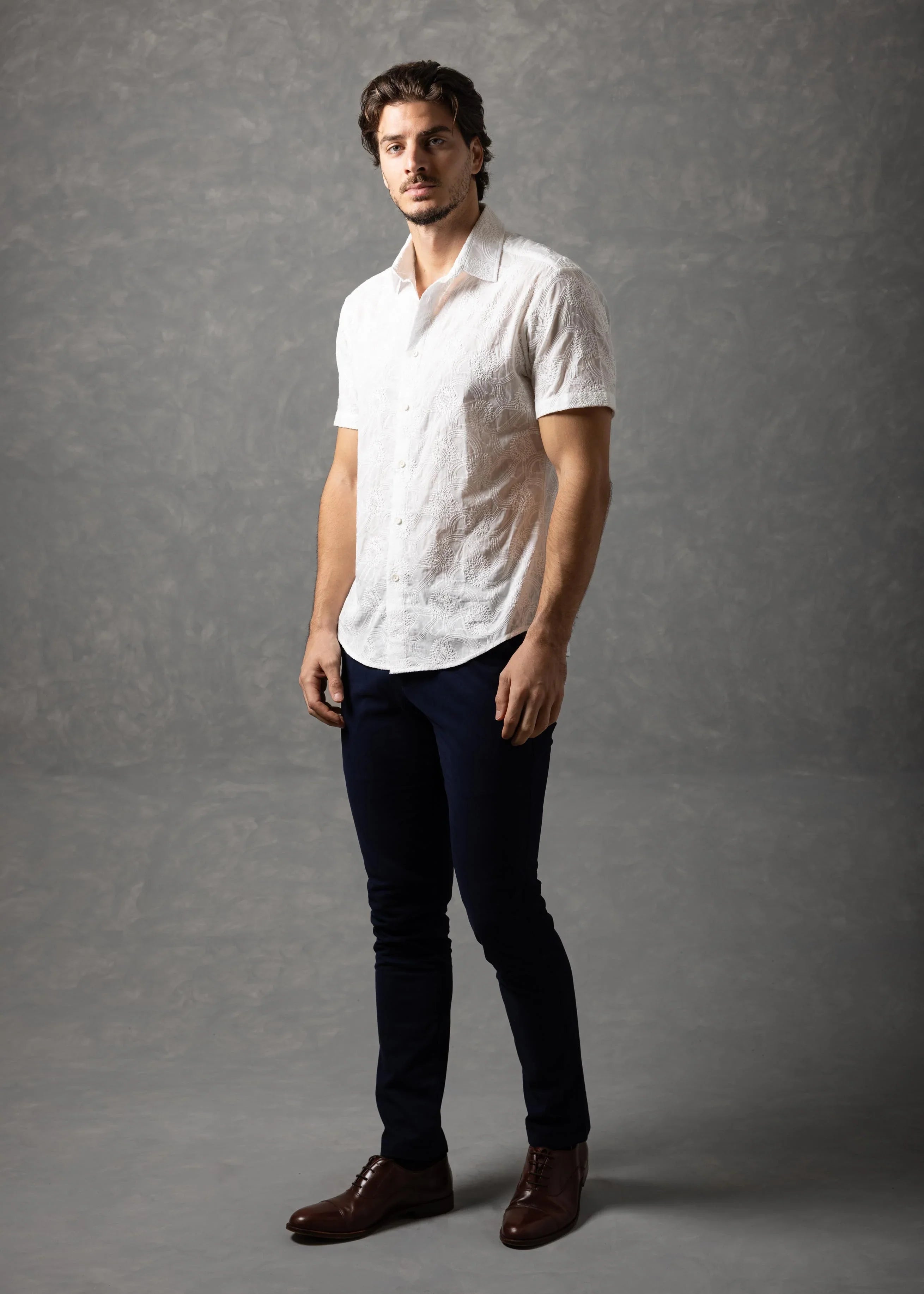 Bespoke Moda Men's Embroidered Textured S/S Shirt - White