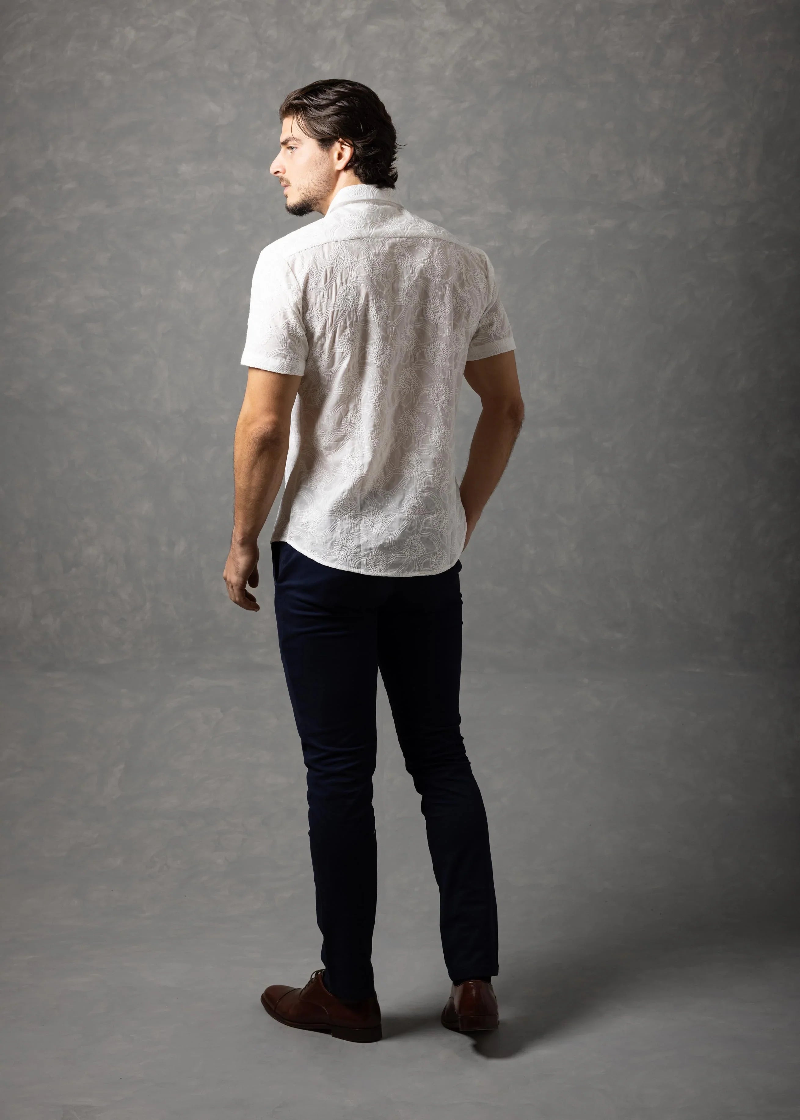 Bespoke Moda Men's Embroidered Textured S/S Shirt - White