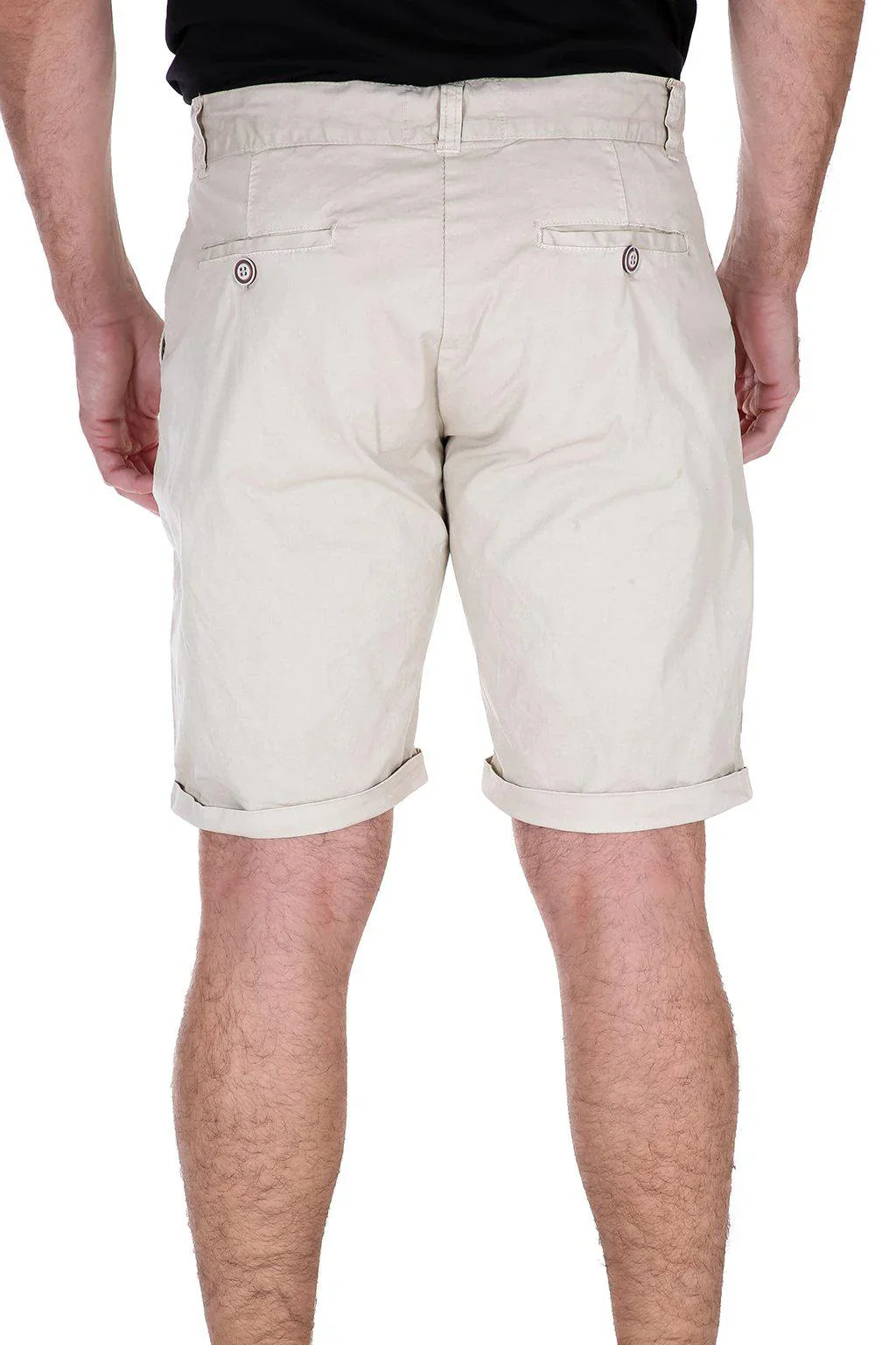 Back view of Bespoke Essential Cotton Short in beige, featuring rolled cuffs and two buttoned rear pockets.