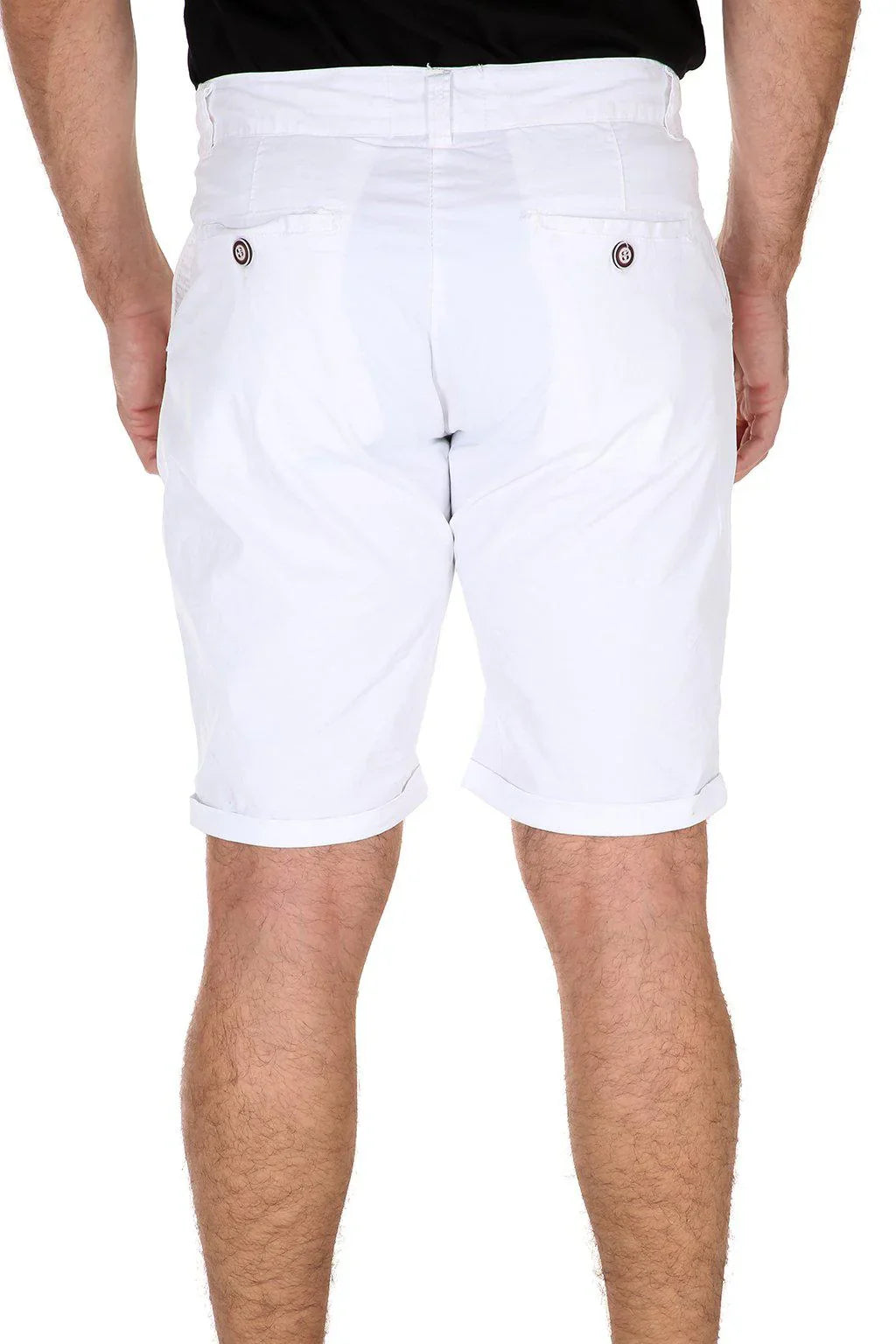 Rear view of a man wearing Bespoke white essential cotton shorts with buttoned back pockets.