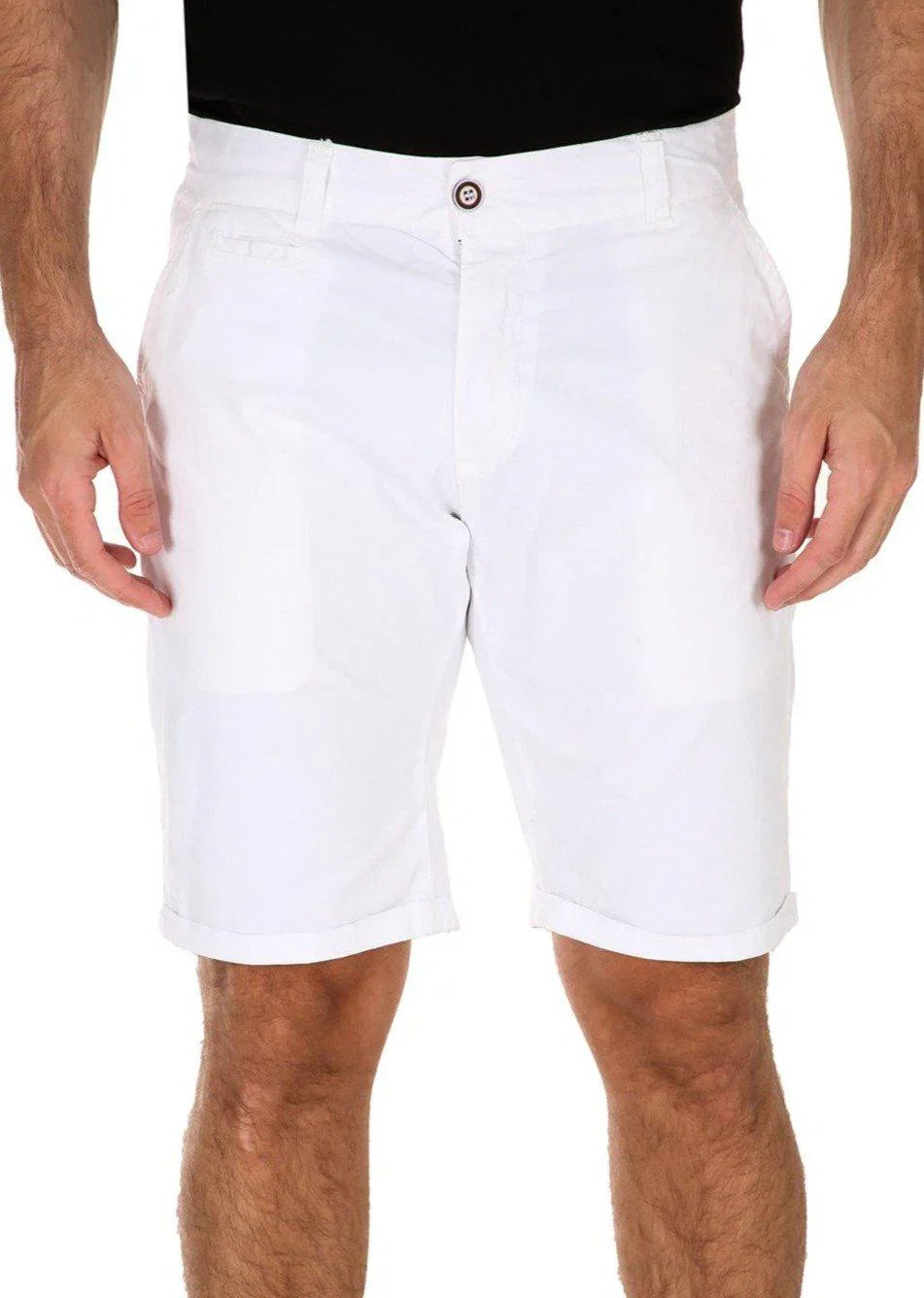 A man wearing crisp white Bespoke Essential Cotton Shorts with rolled cuffs and a front button closure.