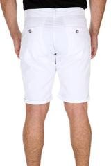 Rear view of a man wearing Bespoke white essential cotton shorts with buttoned back pockets.