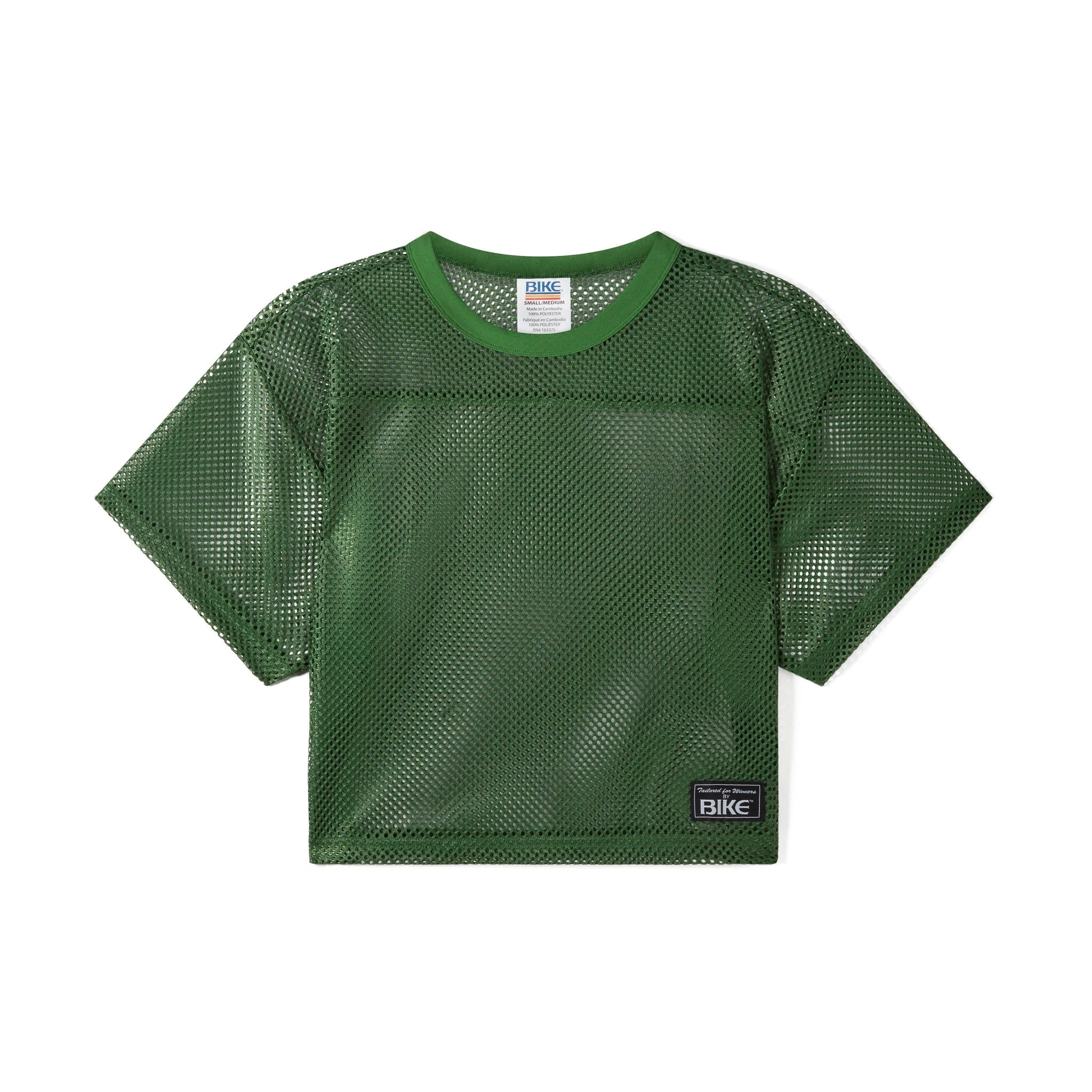 Green mesh short-sleeve athletic practice jersey by BIKE, laid flat with a branded patch at the lower right hem.