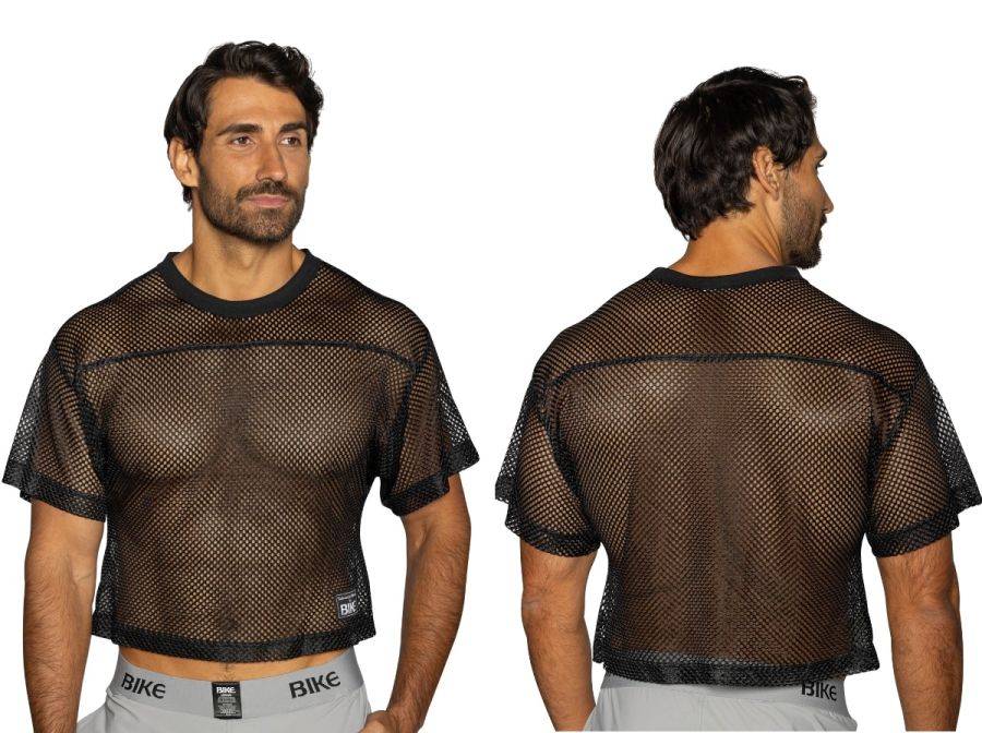 Black mesh crop top with solid black ribbed neckline and hem, short sleeves, bike athletic bam134 practice jersey