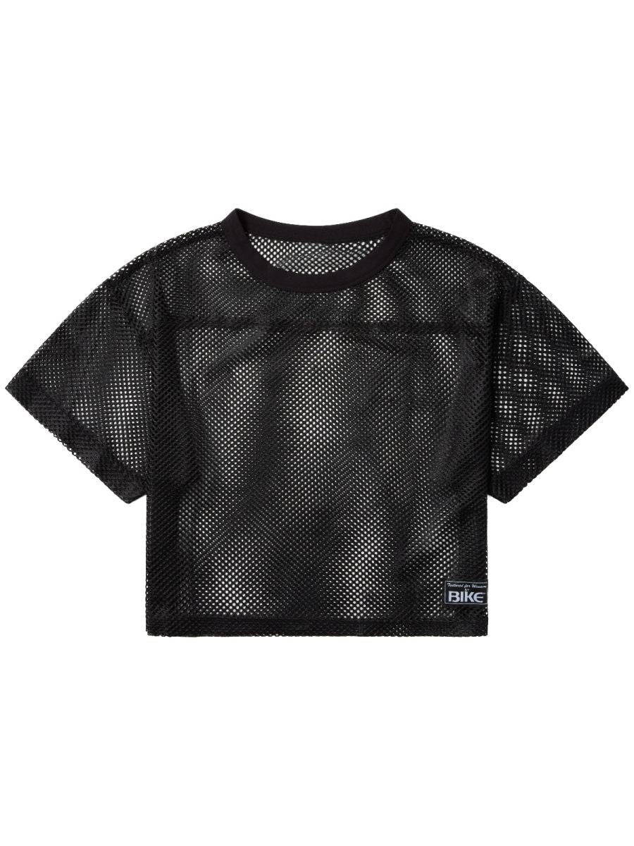 Black mesh crop top bike athletic bam134 short sleeve practice jersey with solid ribbed neckline and short sleeves