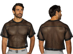 Black mesh crop top with solid black ribbed neckline and hem, short sleeves, bike athletic bam134 practice jersey