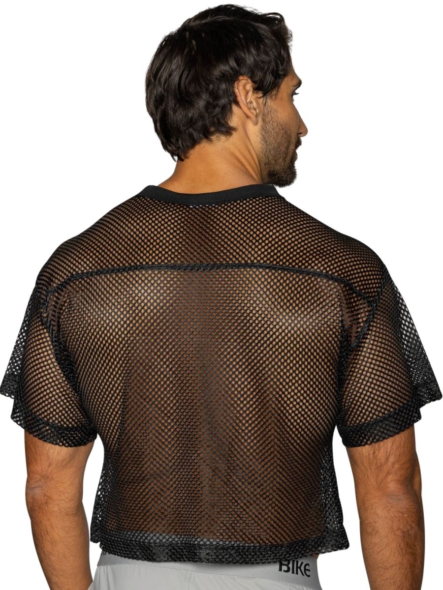 Black mesh crop top with short sleeves and ribbed neckline from bike athletic bam134 practice jersey in bold color black