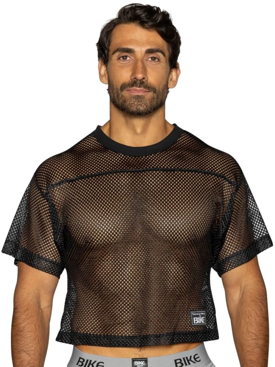 Black mesh crop top with solid black ribbed neckline and hem featuring bike logo on lower right side for athletic use
